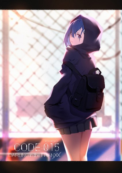 Anime picture 1000x1415 with darling in the franxx studio trigger ichigo (darling in the franxx) sola7764 single tall image looking at viewer fringe short hair blue eyes standing blue hair pleated skirt looking back blurry depth of field copyright name character names letterboxed hands in pockets