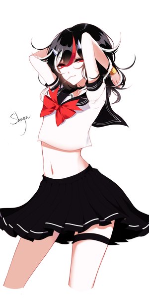 Anime-Bild 1600x3200 mit touhou kijin seija sheya single tall image looking at viewer fringe short hair black hair simple background hair between eyes red eyes white background holding signed multicolored hair horn (horns) light smile arms up short sleeves