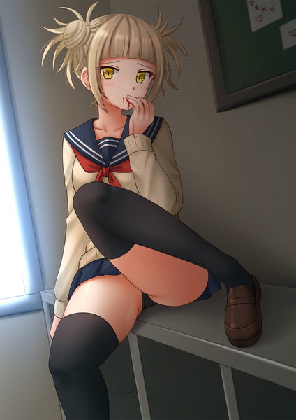 Anime picture 1200x1697 with boku no hero academia studio bones toga himiko kazenokaze single tall image looking at viewer blush fringe short hair light erotic blonde hair sitting yellow eyes payot bent knee (knees) indoors blunt bangs pleated skirt hair bun (hair buns)