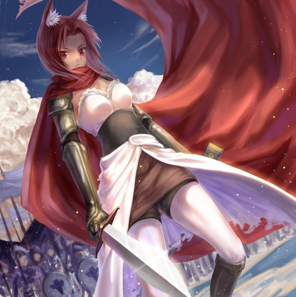 Anime picture 1200x1202 with original pixiv fantasia pixiv fantasia t haneru tall image looking at viewer short hair red eyes brown hair animal ears bent knee (knees) wind cat ears night sparkle night sky knight girl gloves weapon
