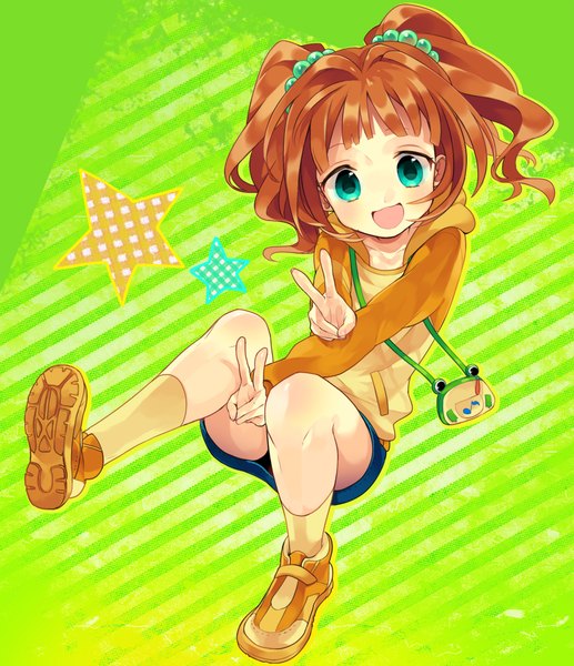 Anime picture 1000x1160 with idolmaster takatsuki yayoi hiyo kiki single tall image looking at viewer blush fringe short hair open mouth twintails full body bent knee (knees) blunt bangs aqua eyes orange hair short twintails victory green background striped background