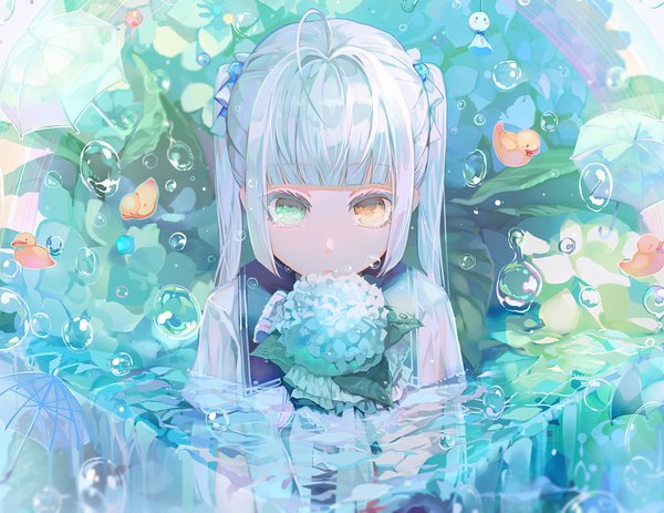 Anime picture 1137x879 with original tlla (artist) single long hair looking at viewer blush fringe twintails green eyes yellow eyes payot silver hair ahoge upper body blunt bangs heterochromia partially submerged wet clothes girl uniform