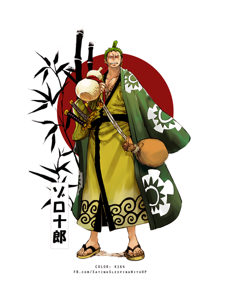 Anime picture 1500x2000 with one piece toei animation roronoa zoro k164 single tall image short hair simple background standing white background holding signed looking away full body traditional clothes japanese clothes green hair black eyes inscription teeth