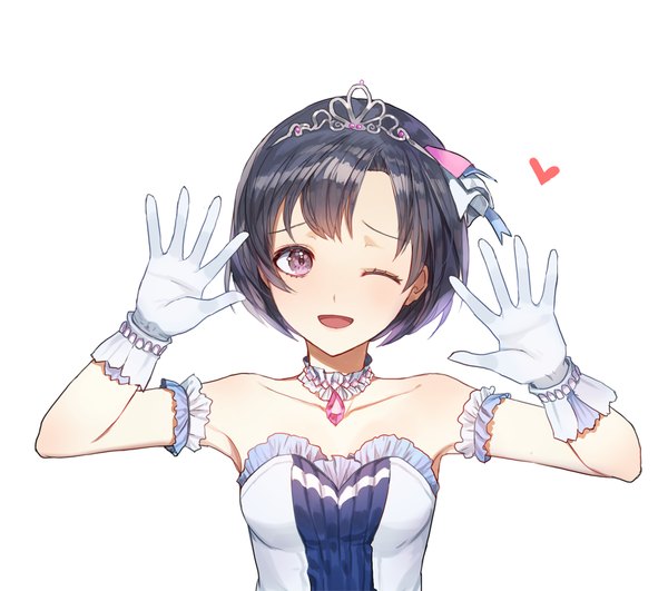 Anime picture 1000x885 with idolmaster idolmaster cinderella girls idolmaster cinderella girls starlight stage shiragiku hotaru kim eb single short hair open mouth black hair simple background white background bare shoulders looking away upper body one eye closed arms up starry sky bright girl gloves choker