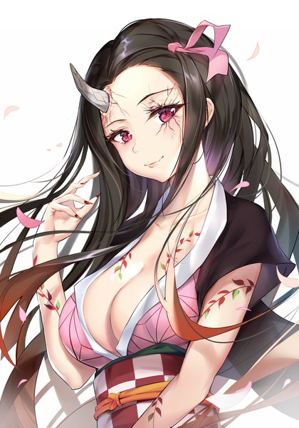 Anime picture 1400x2000 with kimetsu no yaiba ufotable kamado nezuko pdxen single long hair tall image looking at viewer blush breasts light erotic black hair simple background smile large breasts white background cleavage upper body nail polish traditional clothes