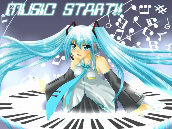 Anime picture 1024x768 with vocaloid hatsune miku long hair twintails aqua eyes aqua hair girl detached sleeves necktie musical instrument musical note headset keyboard (instrument) synthesizer chitose (pixiv)