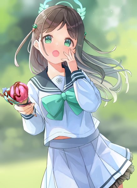 Anime picture 3079x4221 with blue archive airi (blue archive) nomio single long hair tall image looking at viewer highres open mouth brown hair green eyes absurdres outdoors pleated skirt blurry two side up girl skirt uniform miniskirt