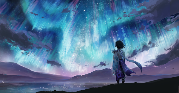 Anime picture 2780x1456 with genshin impact xiao (genshin impact) sealgege single highres short hair black hair wide image standing signed ahoge outdoors from behind mountain landscape aurora borealis boy