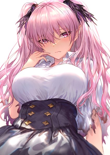Anime picture 700x990 with original guchico single long hair tall image looking at viewer blush fringe breasts simple background large breasts white background pink hair upper body pink eyes arm up pointy ears hair over one eye from below fang (fangs)