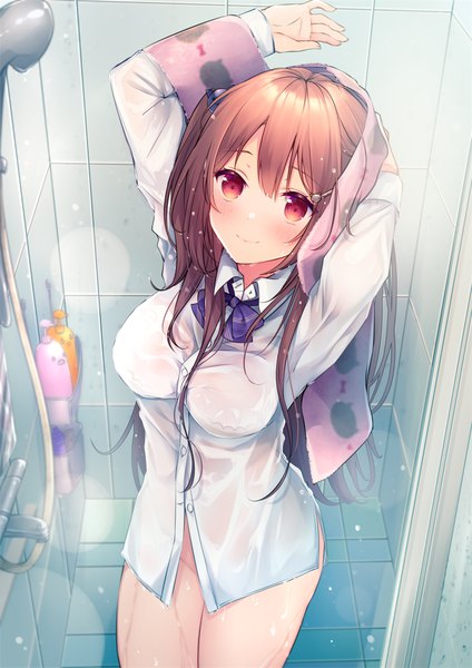 Anime picture 700x990 with original moe2022 azu torako single long hair tall image blush fringe light erotic smile hair between eyes red eyes brown hair indoors from above wet one side up wet clothes bottomless wet shirt
