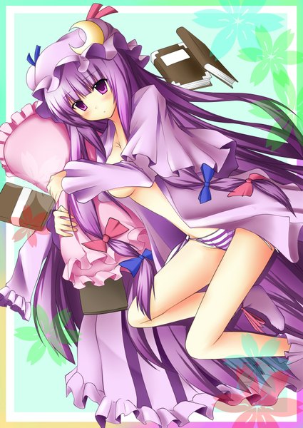 Anime picture 2507x3541 with touhou patchouli knowledge tall image blush highres breasts light erotic purple eyes absurdres purple hair girl underwear panties ribbon (ribbons) hat book (books) striped panties
