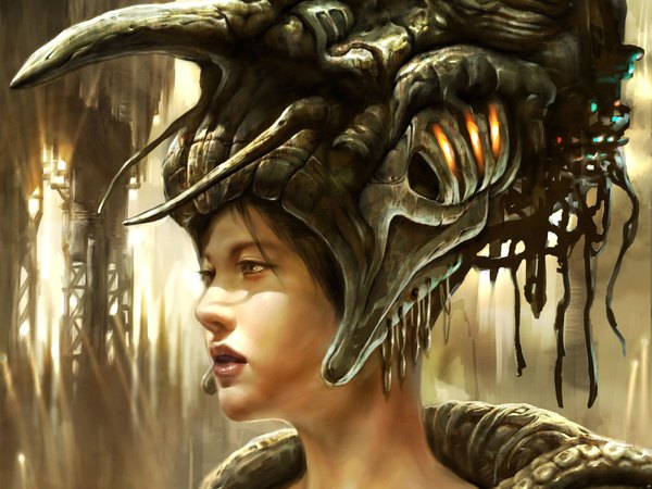 Anime picture 1600x1200 with original tagme (artist) brown hair brown eyes lips realistic fantasy bone (bones) girl helmet