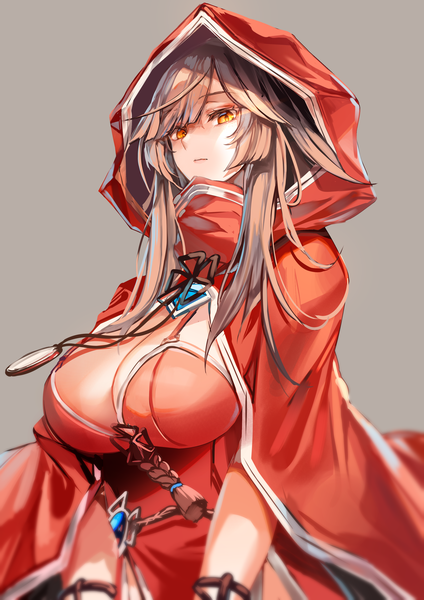 Anime picture 2480x3508 with original zerocat single long hair tall image looking at viewer fringe highres breasts light erotic simple background brown hair large breasts standing yellow eyes grey background from below girl hood locket