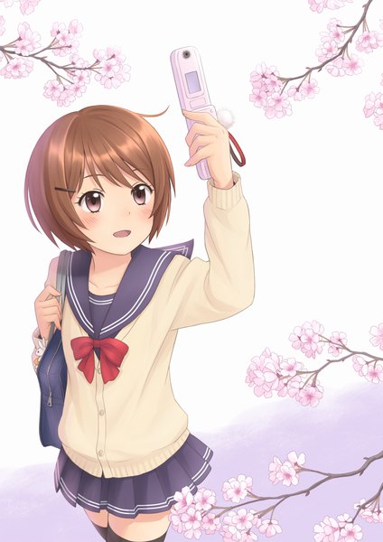 Anime-Bild 723x1023 mit original kuro (chrono) single tall image blush fringe short hair open mouth brown hair standing holding brown eyes looking away outdoors long sleeves pleated skirt arm up cherry blossoms girl thighhighs