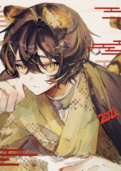 Anime picture 2895x4095 with original u-sama (u summer0719) single tall image fringe highres short hair hair between eyes brown hair animal ears yellow eyes traditional clothes japanese clothes slit pupils new year 2022 egasumi tiger ears boy hair ornament