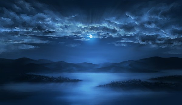 Anime picture 1280x739 with original houkou i naka wide image sky cloud (clouds) night shadow wallpaper light mountain landscape river fog panorama plant (plants) tree (trees) moon forest