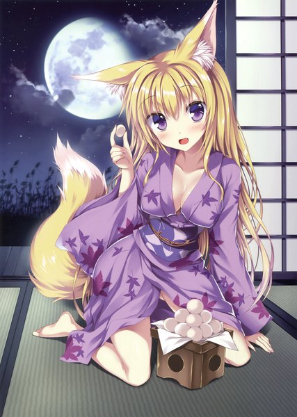 Anime picture 2494x3500 with original tateha (marvelous grace) single long hair tall image looking at viewer blush highres open mouth light erotic blonde hair purple eyes animal ears cloud (clouds) tail traditional clothes head tilt japanese clothes animal tail scan