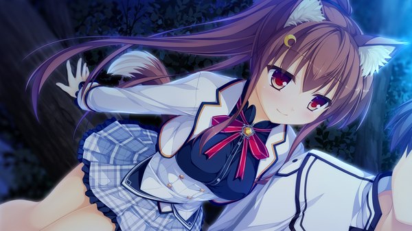 Anime picture 1920x1080 with world election whirlpool (studio) faura linans ryoumoto ken long hair highres red eyes brown hair wide image animal ears game cg ponytail tail animal tail couple girl boy skirt uniform school uniform