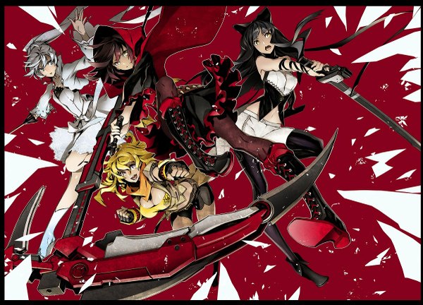 イラスト 1200x865 と rwby rooster teeth ruby rose weiss schnee blake belladonna yang xiao long 三輪 長髪 前髪 短い髪 おっぱい 開いた口 青い目 黒髪 金髪 hair between eyes 茶色の髪 大きな乳房 肩出し multiple girls