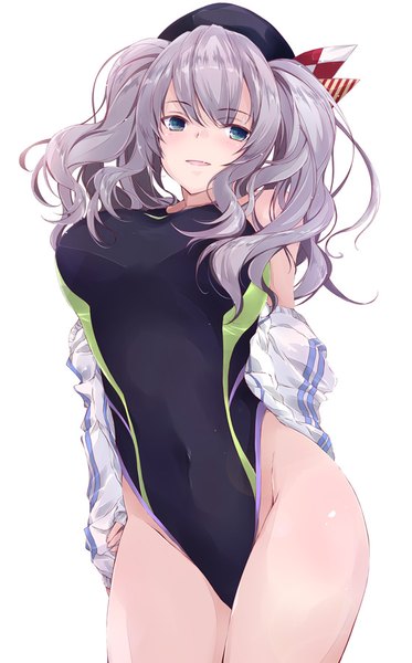 Anime picture 560x900 with kantai collection kashima training cruiser yumesato makura single long hair tall image fringe breasts light erotic simple background hair between eyes large breasts standing white background twintails looking away silver hair aqua eyes covered navel wavy hair