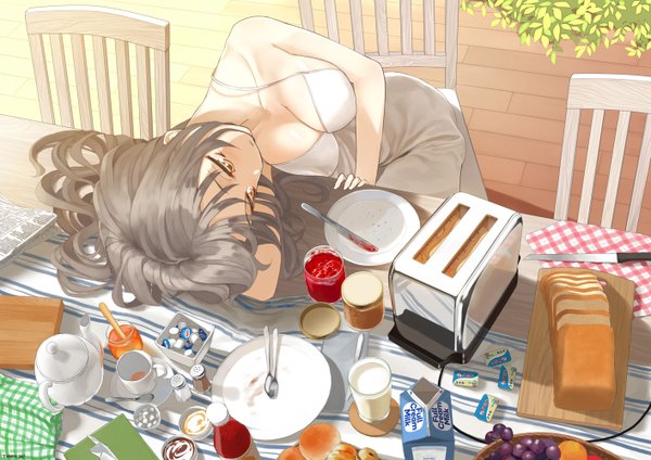 Anime picture 1414x1000 with original throtem single long hair breasts sitting bare shoulders yellow eyes looking away cleavage indoors grey hair arm support shadow sideboob strap slip girl plant (plants) food chair