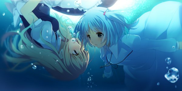 Anime picture 1111x559 with touhou kirisame marisa kawashiro nitori cresc-dol long hair short hair blue eyes blonde hair wide image multiple girls blue hair underwater girl dress 2 girls bubble (bubbles) key