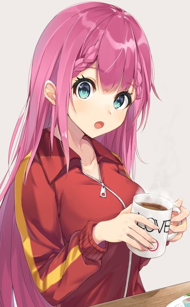 Anime picture 1161x1876 with bokutachi wa benkyou ga dekinai kirisu mafuyu kurokuro illust single long hair tall image looking at viewer blush fringe open mouth simple background hair between eyes sitting holding pink hair upper body blunt bangs braid (braids) aqua eyes grey background