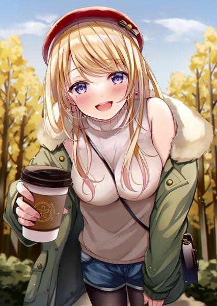 Anime picture 776x1092 with original sakura hiyori single long hair tall image looking at viewer blush breasts open mouth blonde hair purple eyes sky outdoors :d off shoulder mole open jacket leaning leaning forward mole under eye