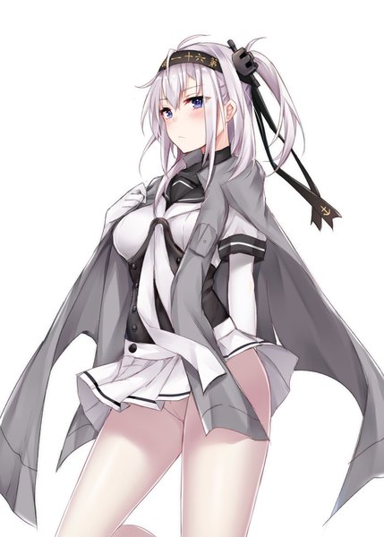 Anime picture 2591x3624 with kantai collection suzutsuki (kancolle) coffeedog single long hair tall image blush fringe highres blue eyes light erotic simple background hair between eyes white background looking away silver hair one side up clothes on shoulders :< skirt flip