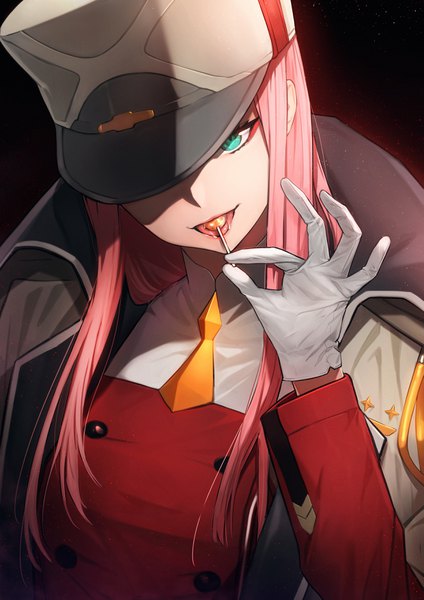 Anime picture 2481x3508 with darling in the franxx studio trigger zero two (darling in the franxx) fpanda single long hair tall image looking at viewer highres simple background holding pink hair upper body long sleeves aqua eyes black background saliva clothes on shoulders covering eye (eyes) hat over eyes