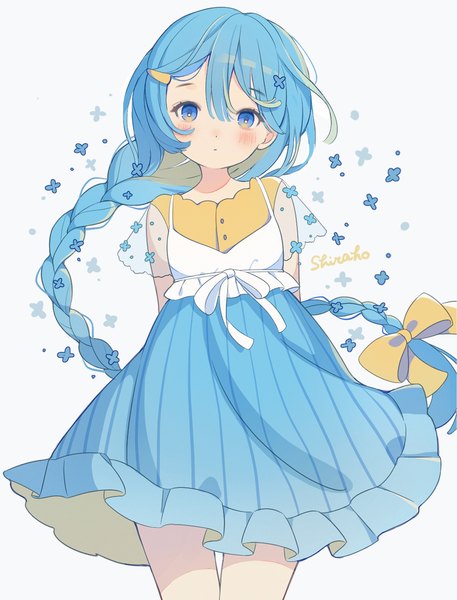 Anime picture 1630x2142 with original shiraho (color-56) single tall image looking at viewer blush fringe blue eyes hair between eyes standing white background signed blue hair braid (braids) very long hair single braid hands behind back girl dress bow
