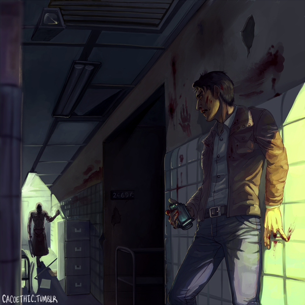 Anime picture 1000x1000 with outlast miles upshur cacoethic short hair open mouth brown hair standing bare shoulders holding looking away indoors fingernails multiple boys bare belly shadow walking blood stains bleeding footprints mutilation