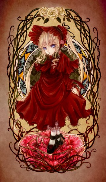 Anime picture 1200x2050 with rozen maiden shinku shio (blacksio) single long hair tall image blue eyes blonde hair twintails drill hair girl dress flower (flowers) bonnet