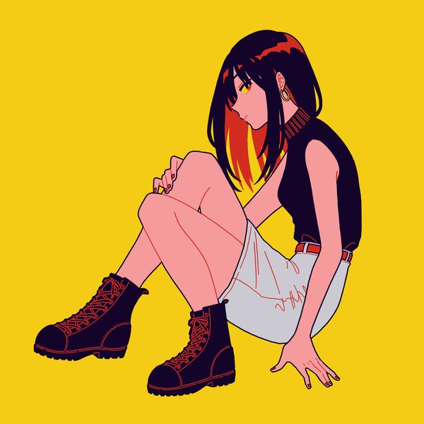 Anime picture 2000x2000 with original shi oo single long hair highres black hair simple background red eyes sitting red hair nail polish profile multicolored hair bare legs sleeveless colored inner hair yellow background red nail polish girl skirt