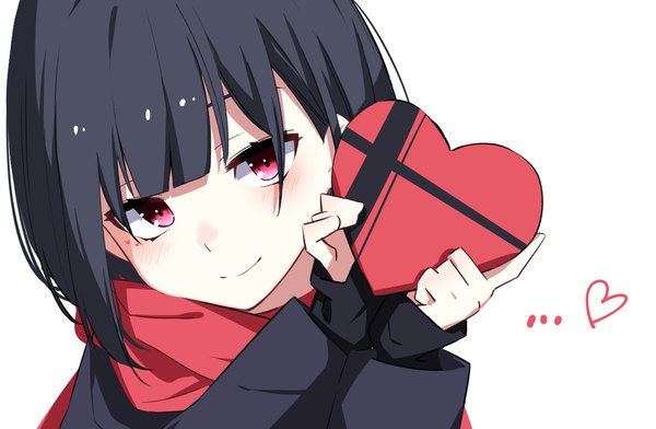 Anime picture 1570x1025 with original ichiki 1 single looking at viewer blush fringe short hair black hair simple background smile red eyes white background holding blunt bangs long sleeves sleeves past wrists valentine girl heart scarf