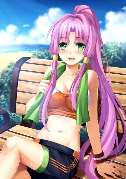 Anime picture 703x1000 with original tonee single long hair tall image blush sitting green eyes sky purple hair cloud (clouds) ponytail towel around neck girl navel shorts towel hair tubes bench