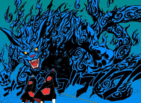 Аниме картинка 1508x1100 с наруто studio pierrot naruto (series) хидан kakuzu уши животного хвост сзади зубы клык (клыки) спина голубой фон острые зубы битва акацуки мужчина кот (кошка) плащ чудовище пламя