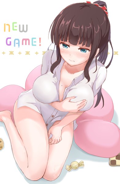 Anime picture 994x1525 with new game! doga kobo takimoto hifumi maeshimashi single long hair tall image blush breasts light erotic brown hair large breasts white background sitting payot looking away ponytail aqua eyes from above mole