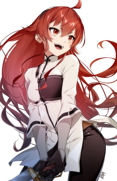 Anime picture 2120x3277 with mushoku tensei studio bind eris boreas greyrat omagacchu single long hair tall image blush fringe highres open mouth simple background hair between eyes red eyes white background looking away ahoge red hair :d girl