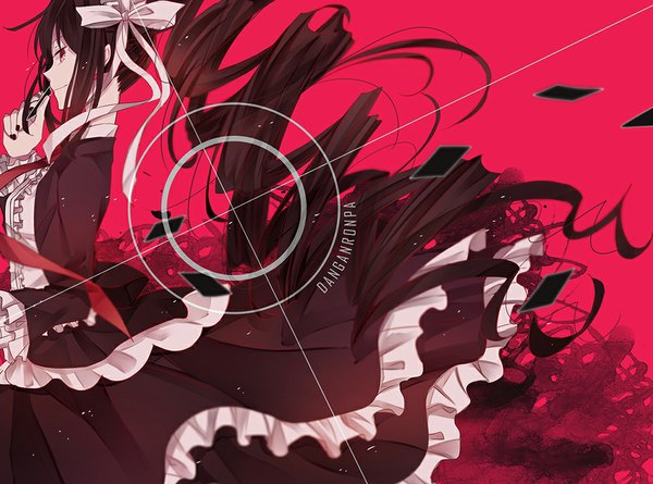 Anime picture 1000x743 with dangan ronpa celestia ludenberg flywinga7 single fringe smile red eyes brown hair standing twintails holding very long hair nail polish profile fingernails drill hair pink background red background girl dress