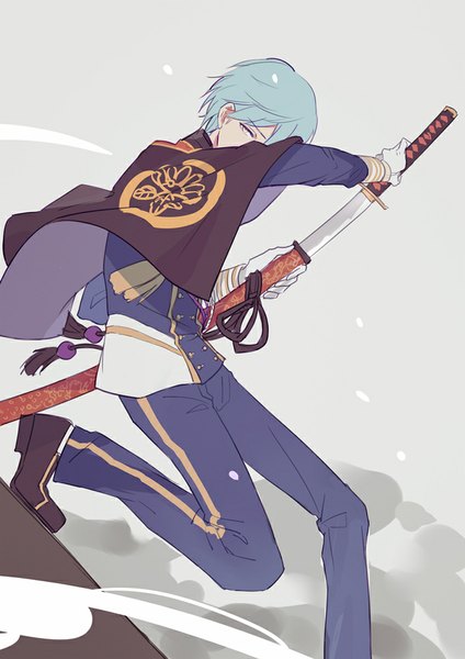 Anime picture 707x1000 with touken ranbu nitroplus ichigo hitofuri kiyomitsu yari single tall image looking at viewer short hair yellow eyes blue hair bent knee (knees) grey background fighting stance unsheathing boy gloves uniform weapon petals sword