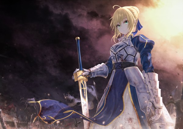 Anime picture 4961x3508 with fate (series) fate/stay night artoria pendragon (all) saber bae.c single looking at viewer fringe highres short hair blonde hair hair between eyes standing holding green eyes payot absurdres cloud (clouds) ahoge outdoors