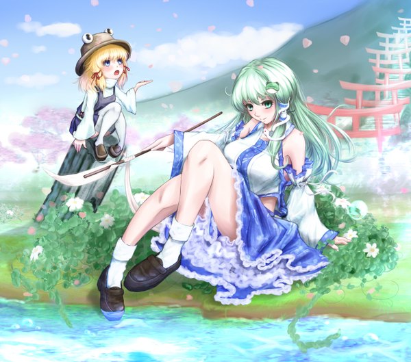 Anime picture 1327x1170 with touhou kochiya sanae moriya suwako bankyuu (hoshibuchi) long hair short hair open mouth blue eyes blonde hair sitting multiple girls green eyes green hair girl thighhighs hair ornament flower (flowers) 2 girls hat detached sleeves