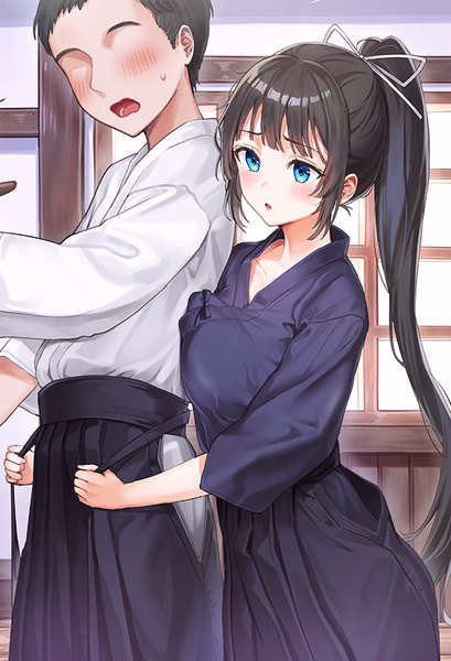 Anime picture 613x900 with original kendo club president (rangu) rangu long hair tall image blush fringe short hair breasts open mouth blue eyes black hair large breasts standing payot looking away ponytail indoors blunt bangs traditional clothes