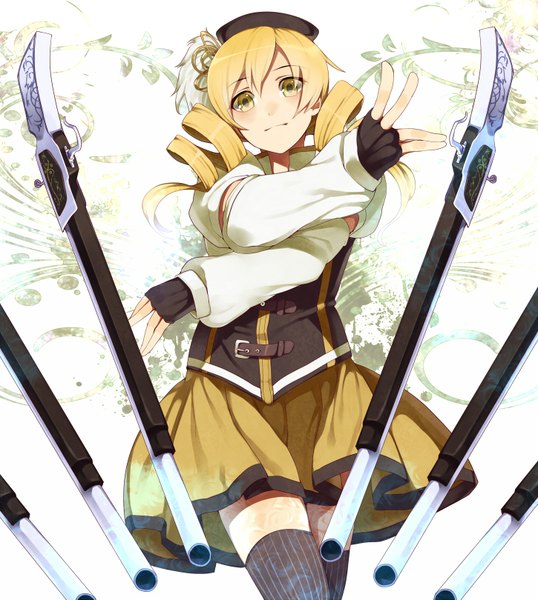 Anime picture 1450x1619 with mahou shoujo madoka magica shaft (studio) tomoe mami irohara mitabi single tall image short hair blonde hair white background twintails yellow eyes drill hair short twintails crossed arms girl thighhighs weapon black thighhighs detached sleeves fingerless gloves