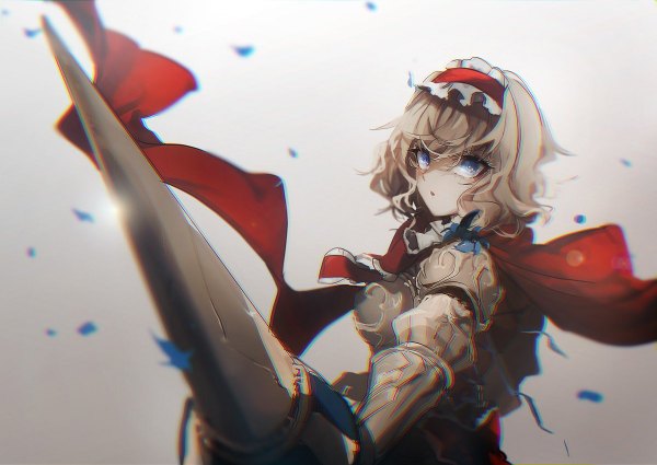 Anime picture 1200x850 with touhou alice margatroid no-kan single looking at viewer fringe short hair blue eyes blonde hair simple background from above grey background :o jpeg artifacts girl weapon petals hairband armor