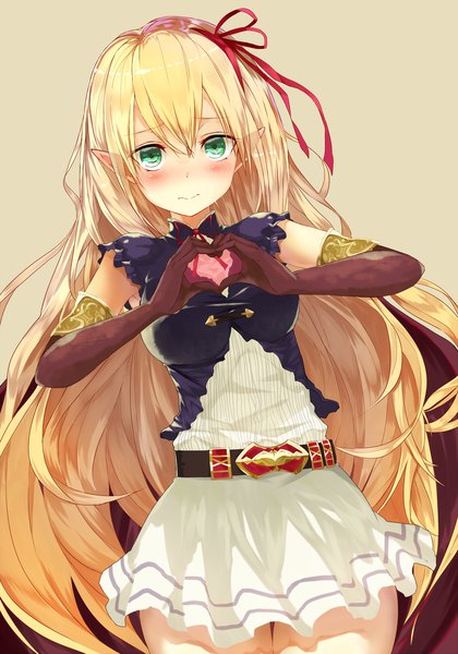 Anime picture 2200x3142 with shadowverse arisa (shadowverse) yamato (muchuu paradigm) single long hair tall image looking at viewer blush fringe highres breasts blonde hair simple background hair between eyes standing green eyes pointy ears embarrassed thigh gap yellow background