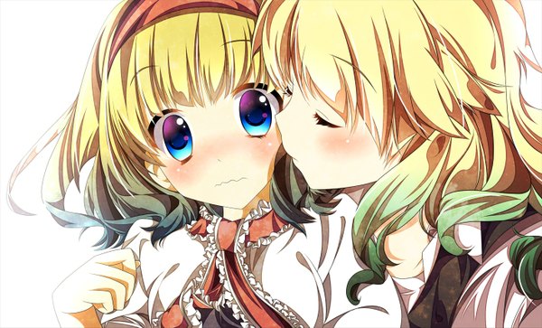 Anime picture 1416x859 with touhou kirisame marisa alice margatroid hikobae long hair blush short hair blue eyes blonde hair wide image multiple girls eyes closed shoujo ai almost kiss girl dress 2 girls hairband