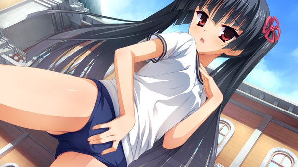 Anime picture 1280x720 with noble works masamune shizuru kobuichi single long hair looking at viewer blush open mouth light erotic black hair red eyes wide image twintails game cg :o masturbation fingering girl uniform shorts