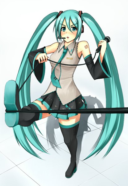 Anime picture 760x1100 with vocaloid hatsune miku metalbolic (kinzo) single tall image looking at viewer blush blue eyes simple background twintails very long hair aqua hair shadow tattoo girl skirt detached sleeves miniskirt necktie headphones